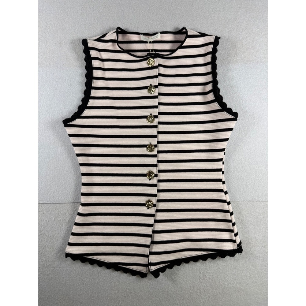 Zara Pink Black Striped Sleeveless Knit Top Gold Button Scallop Trim Small